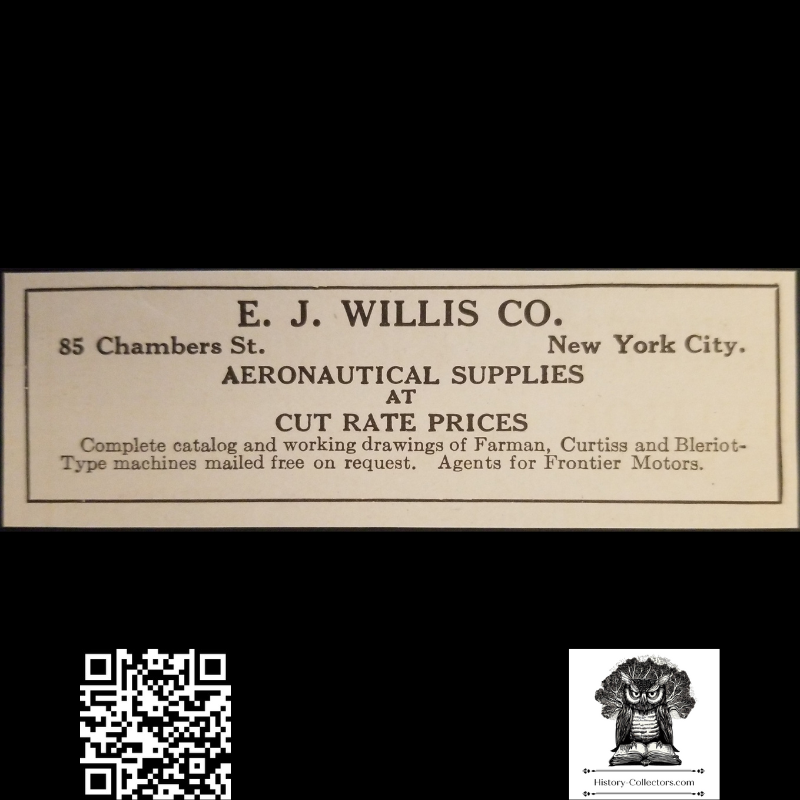 1913 EJ Willis Company Advertisement Clipping - 85 Chambers Street New York City - Historical Aeronautical Aviation Industry Supplies