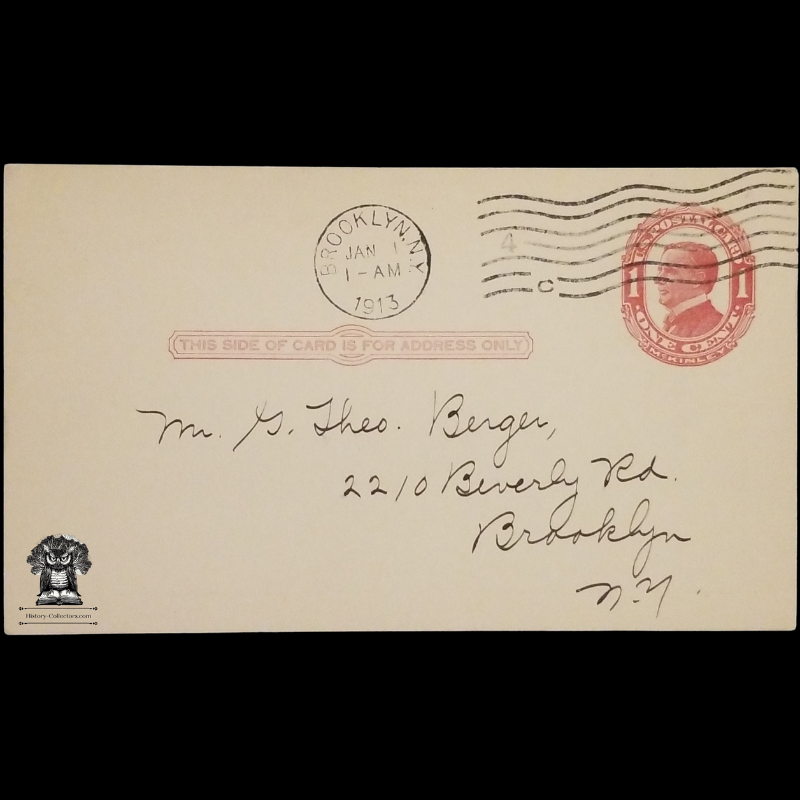 1913 Eagle Savings And Loan Company Dividend Notice Postal Card - 186 Remsen Street - Brooklyn New York - One Cent McKinley Red Scott UX24 - Postal Cancel January 1 - Postcard
