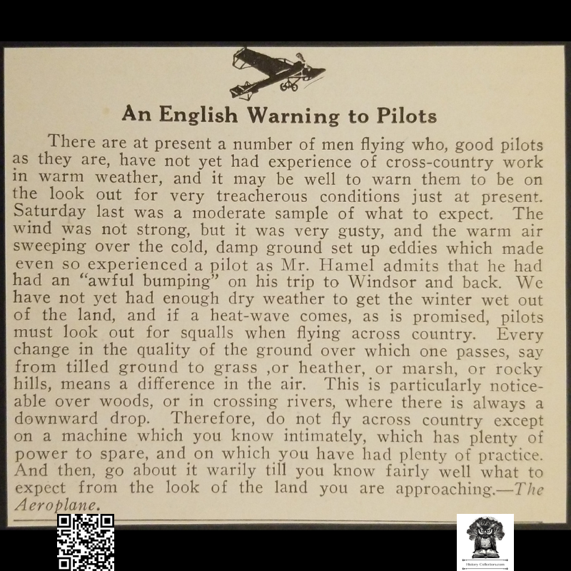 1913 English Aviation Weather Warning Clipping - Cross-Country Flying - Gustav Hamel - Winsor - Wind Training - Early Aviation History