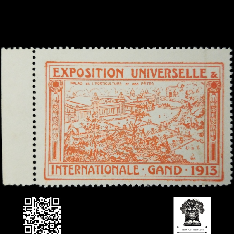1913 Ghent International Exposition Belgium Cinderella Poster Stamp - World Fair - Off Center Print - Industrial Scientific Technological Progress - Left Margin Selvage