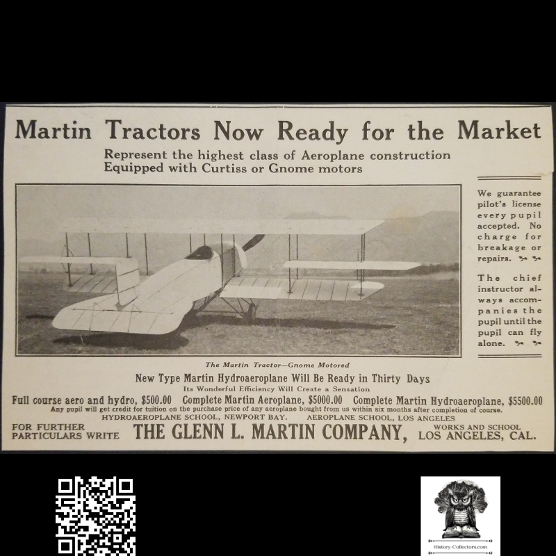 1913 Glenn L Martin Company Advertising Print Clipping - Los Angeles California - Aviation Flight Training - Aircraft Sales - Lockheed-Martin History - Ready For Framing
