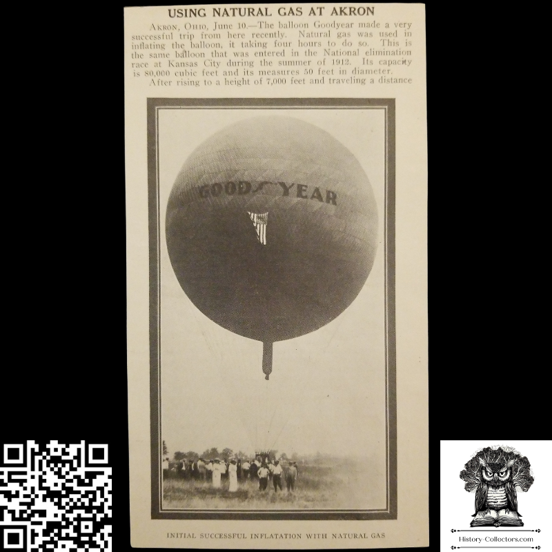 1913 Goodyear Balloon Natural Gas Inflation Clipping - Akron Ohio - Early Aviation History