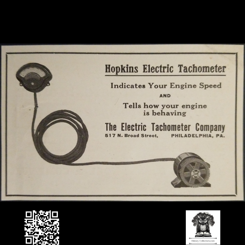 1913 Hopkins Electric Tachometer Print Advertisement Clipping - 517 N Broad Street Philadelphia Pennsylvania - Ready For Framing