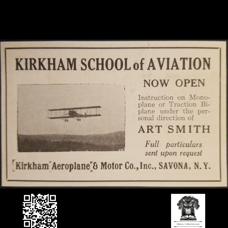 1913 Kirkham Aeroplane & Motor Company Advertisement Clipping - Savona New York - Art Smith Flight Training - Monoplane - Biplane - Pre-WWI - Aviation History