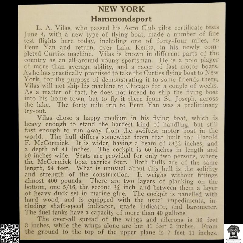 1913 L.A. Vilas Test Flights Hammondsport New York Clipping - Curtiss Flying Boat - Lake Keuka To Penn Yan