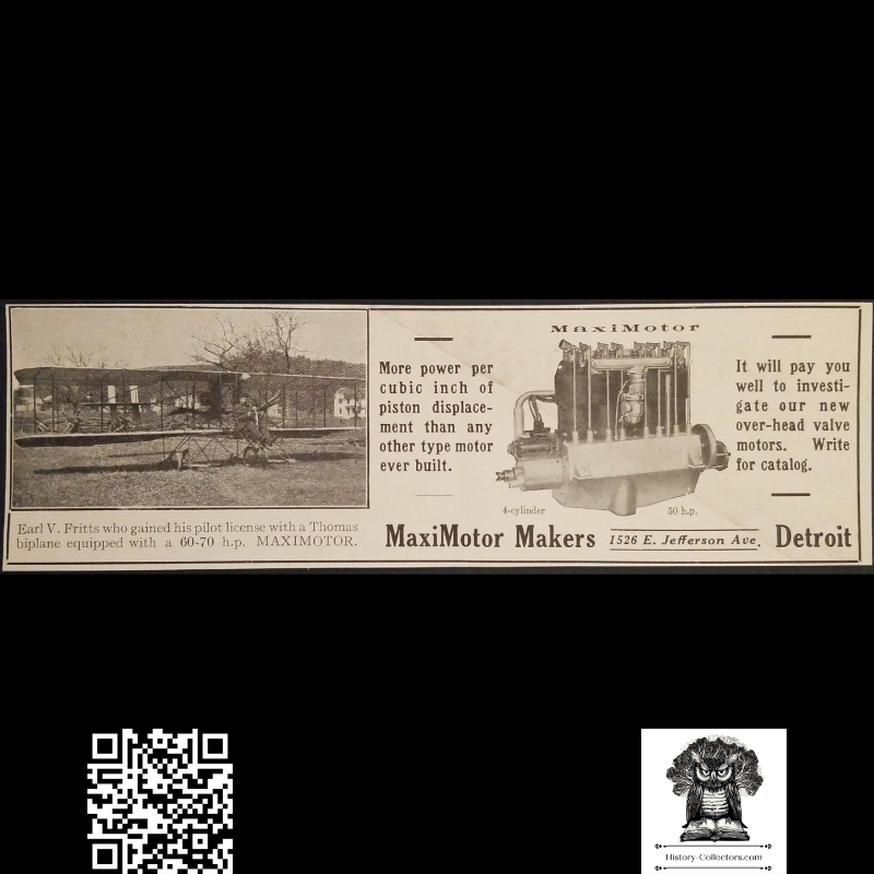 1913 Maximotor Aircraft Engine Manufacturer Print Advertising Clipping - Detroit Michigan - Thomas Biplane - Ready For Framing