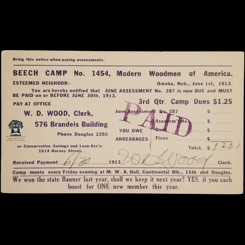 1913 Modern Woodmen Of America Beech Camp No. 1454 3rd Quarter Dues Postal Card - Omaha Nebraska - One Cent McKinley Red Scott UX24 - Postal Cancel Jul 3 - Postcard