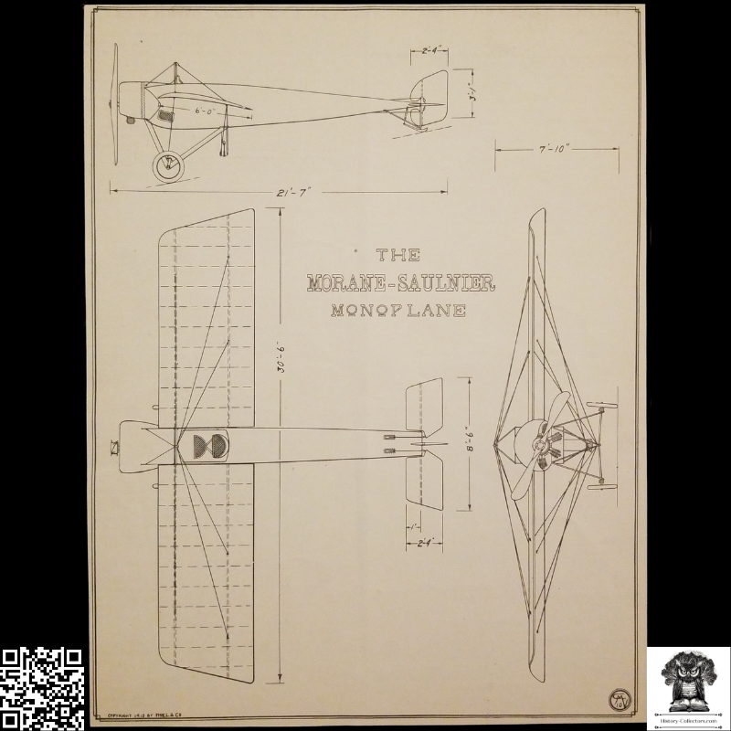 1913 Morane-Saulnier Monoplane Technical Drawing Aviation Blueprint Illustration Clipping - France - Pre-WWI - Military Aviation History - Ready For Framing