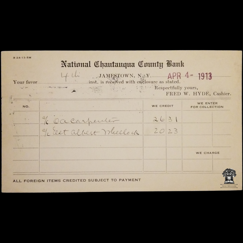 1913 National Chautauqua County Bank Deposit Postal Card - Jamestown NY - One Cent McKinley Red Scott UX24 - OA Carpenter Esq - Kennedy NY - Postal Cancel April 4 - Postcard