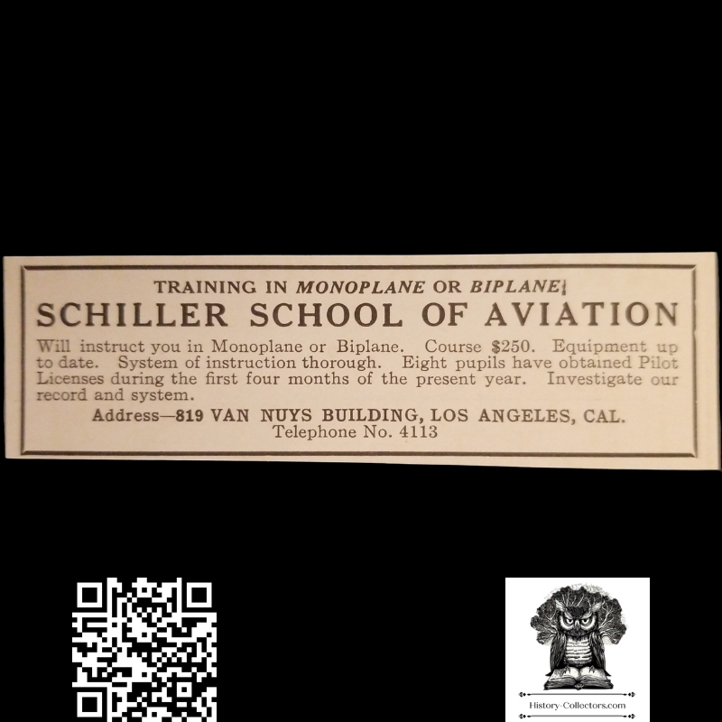 1913 Schiller School Of Aviation Flight Training Advertisement Clipping - 819 Van Nuys Building Los Angeles California - Monoplane Biplane - Pre-WWI - Aviation History
