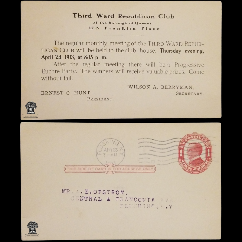 1913 Third Ward Republican Club Meeting Announcement Postal Card - Borough Of Queens New York - 173 Franklin Place - One Cent McKinley Red Scott UX24 - Progressive Euchre Party - Postal Cancel Flushing NY April 23 - Postcard