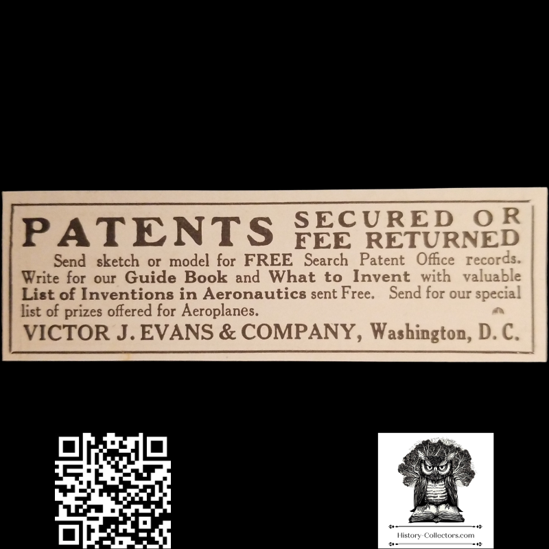 1913 Victor J. Evans & Company Aviation Patent Service Advertisement Clipping - Washington D.C. - Pre-WWI - Aviation History