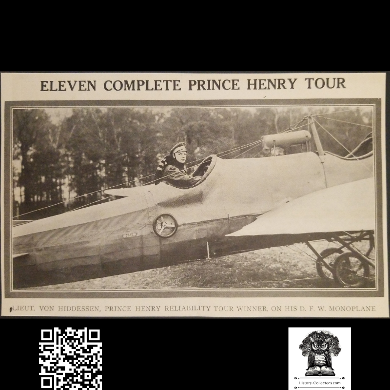 1913 Lieut. Von Hiddessen Prince Henry Reliability Tour Winner Clipping - D.F.W. Monoplane - Germany - Early Aviation Competition - Ready For Framing