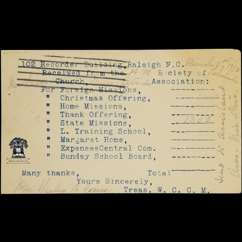 1913 Woman's Central Committee On Missions Donation Receipt Postal Card - 102 Recorder Building - Raleigh North Carolina - New Bern - One Cent Lincoln Red Scott UX23 - Fancy Postal Cancel March 4 - Postcard