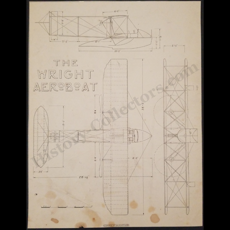 1913 Wright Aeroboat Seaplane Engineering Technical Drawing Print Clipping - Ready For Framing