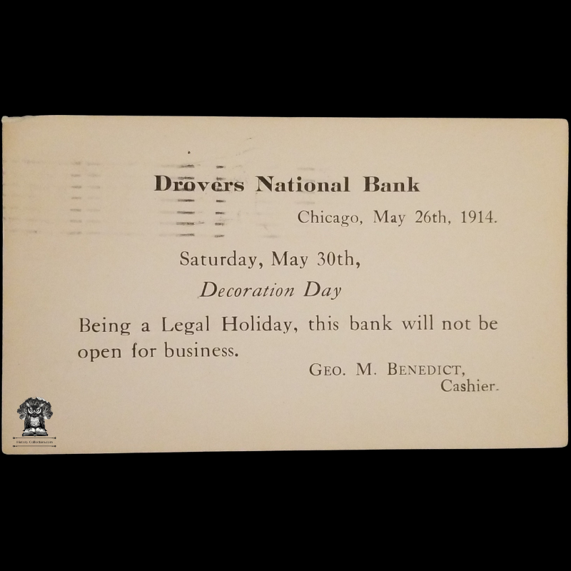 1914 Drovers National Bank Postal Card - Chicago Illinois - Decoration Day - One Cent McKinley Red Scott UX24 - Wayside State Bank - Wisconsin - Postal Cancel Stock Yards Station May 26 - Postcard