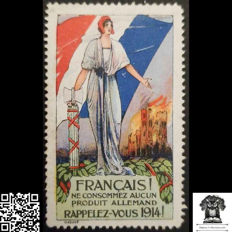 1914 Marianne French Republic Cinderella Poster Stamp - Boycott German Products - Reims Cathedral - Patriotic Nationalism