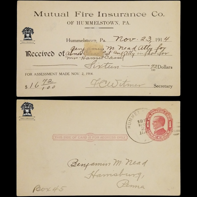 1914 Mutual Fire Insurance Company Assessment Receipt Postal Card - Hummelstown Pennsylvania - Harrisburg PA - One Cent McKinley Red Scott UX24 - Postal Cancel November 21 - Postcard