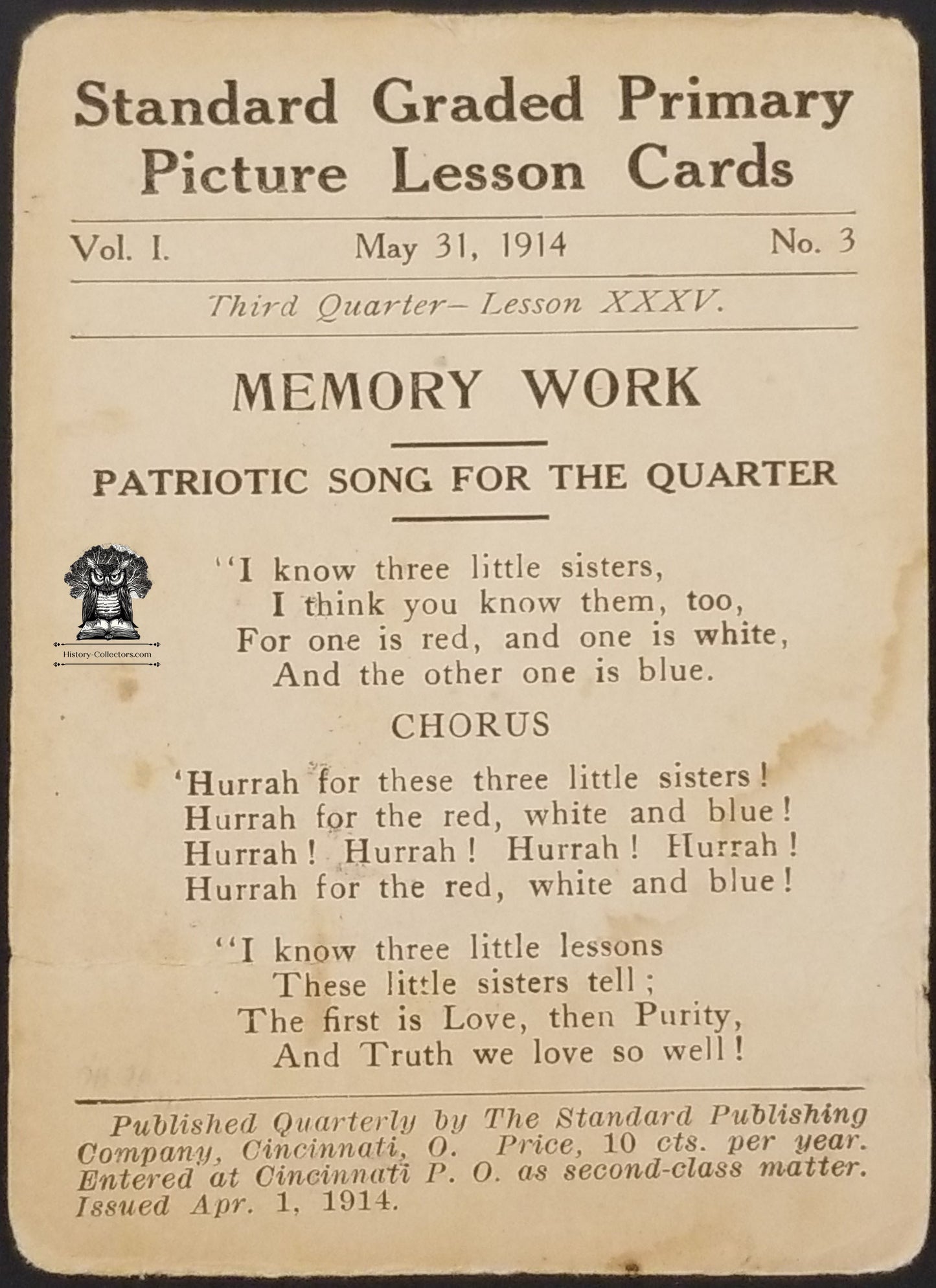 1914 Primary Picture Lesson Card Patriotic Song Genesis 37 Joseph - Patriotic Song Chorus Reverse - Cincinnati OH