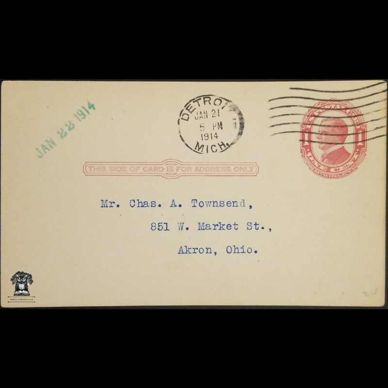 1914 The American Boy Magazine Advertising Postal Card - Motorcycle Issue - Sprague Publishing Company - Detroit Michigan - One Cent McKinley Red Scott UX24 - Chas A Townsend - 851 W Market St - Akron Ohio - Postal Cancel January 21 - Postcard