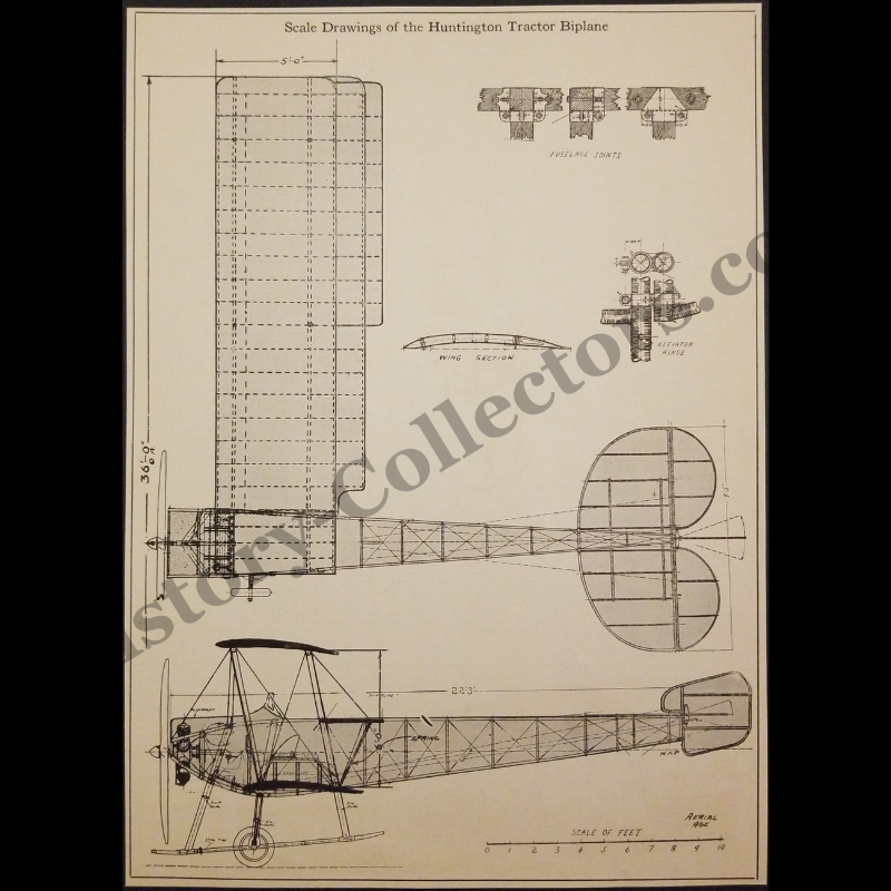 1915 Huntington Tractor Biplane Technical Blueprint - Huntington Aircraft Company - WWI Era - Ready For Framing
