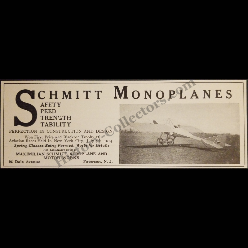 1915 Maximilian Schmitt Aeroplane and Motor Works Print Advertisement Clipping - 96 Dale Avenue Paterson New Jersey - Monoplanes - Blackton Trophy New York City - WWI Era - Ready For Framing