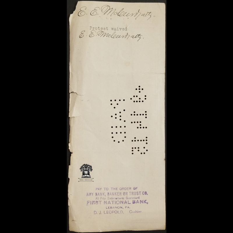 1915 United States Post Office Promissory Note Financial Document - Lebanon National Bank - Pennsylvania - Punch Marked Paid September 14 1915 - IRS Documentary Revenue Stamps R208 - First National Bank Ink Stamped - RJ Boyer Printer
