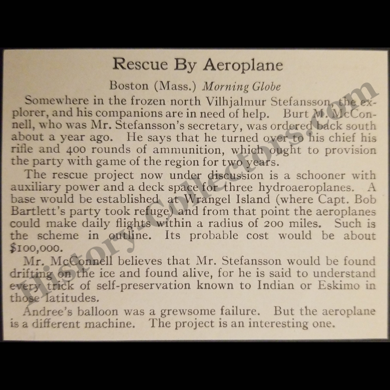 1915 Vilhjalmur Stefansson Aeroplane Arctic Rescue Mission Plan News Clipping - Boston Morning Globe - WWI Era - Ready For Framing