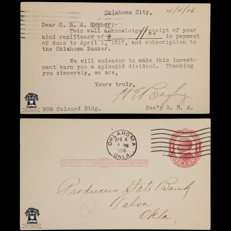 1916 Oklahoma Bankers Association Dues Subscription Receipt Postal Card - 908 Colcord Building - Producers State Bank - Tulsa Oklahoma - One Cent McKinley Red Scott UX24 - Postal Cancel Oklahoma April 4 - Postcard