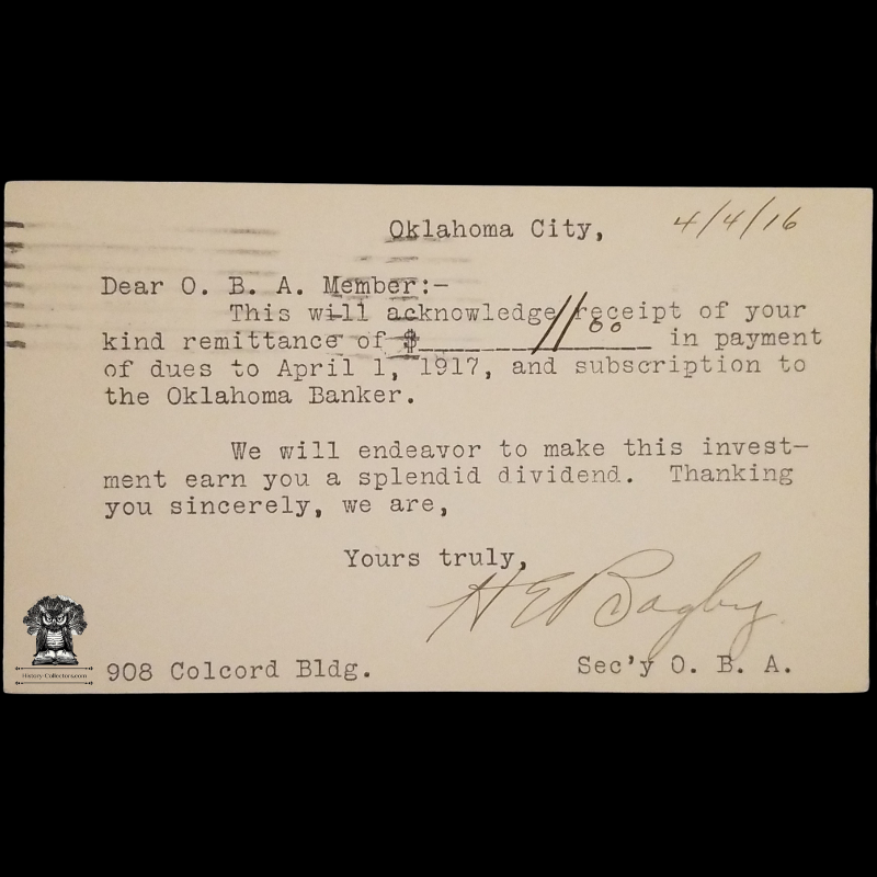 1916 Oklahoma Bankers Association Dues Subscription Receipt Postal Card - 908 Colcord Building - Producers State Bank - Tulsa Oklahoma - One Cent McKinley Red Scott UX24 - Postal Cancel Oklahoma April 4 - Postcard