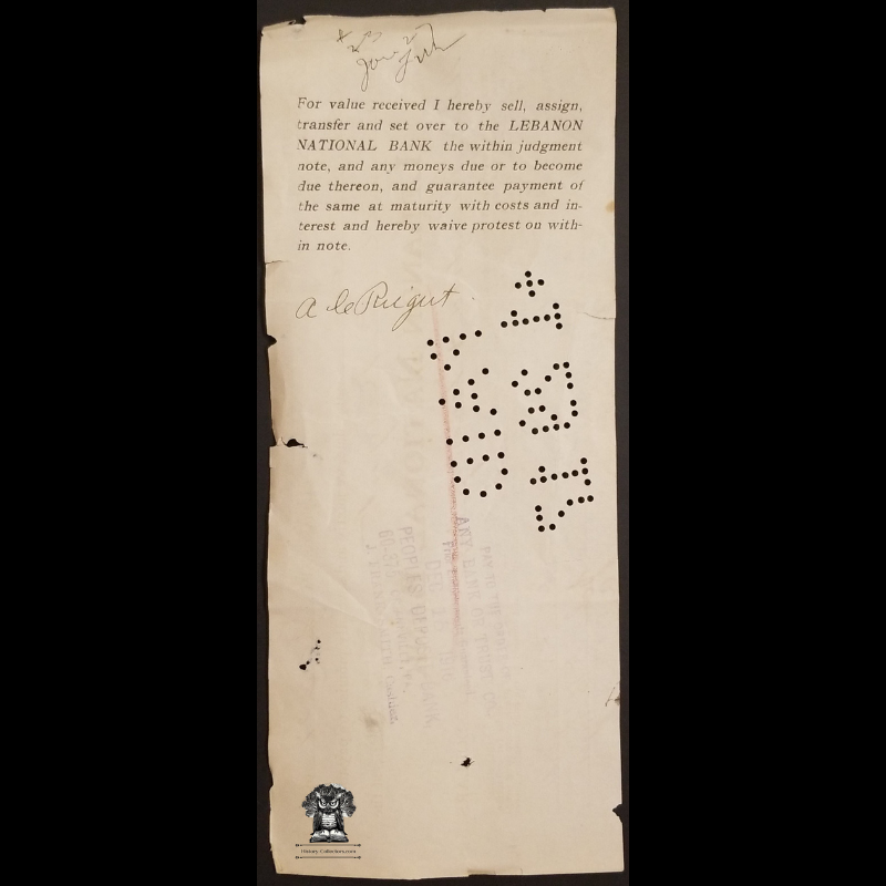 1916 Promissory Note Financial Document - Lebanon National Bank - Pennsylvania - Punch Marked Paid January 29 1917