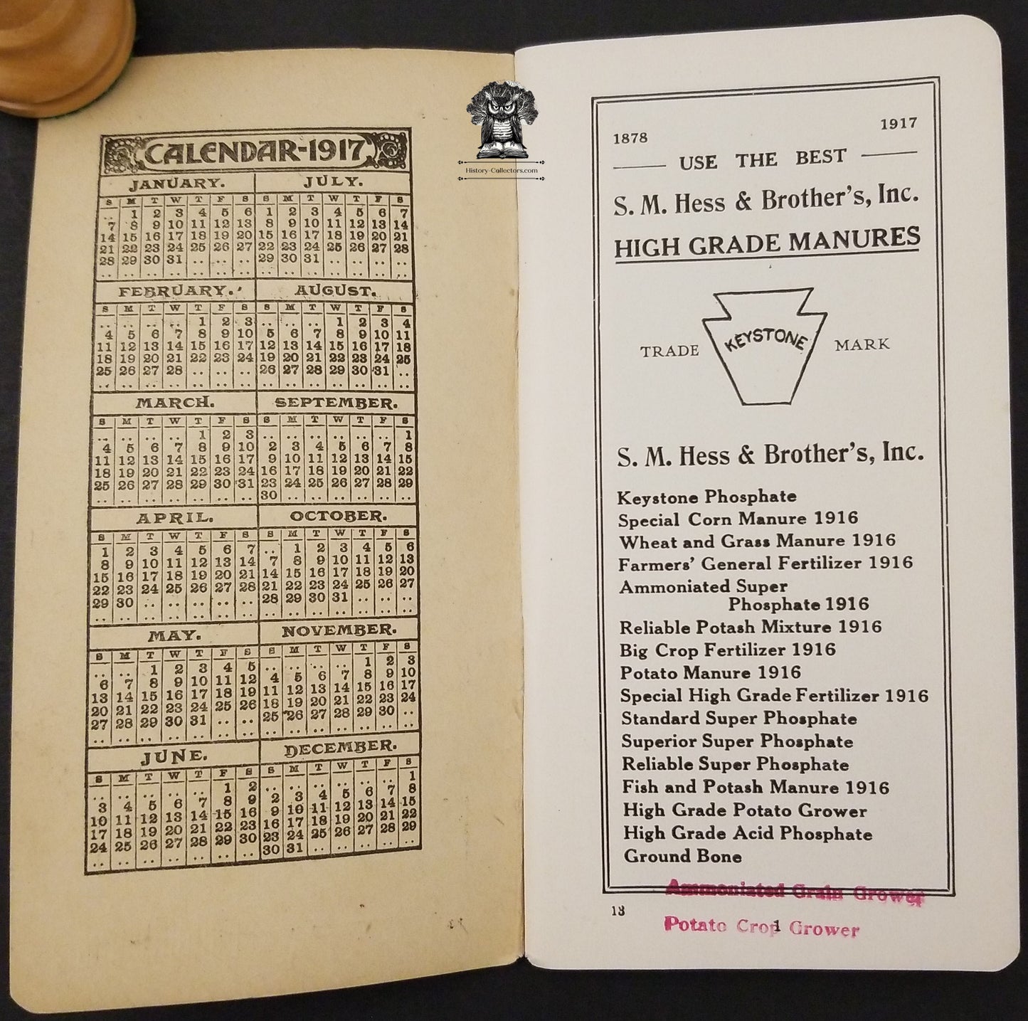 1917 Advertising Memo Booklet S.M. Hess & Brother Philadelphia PA - Farmer Fertilizers Calendar