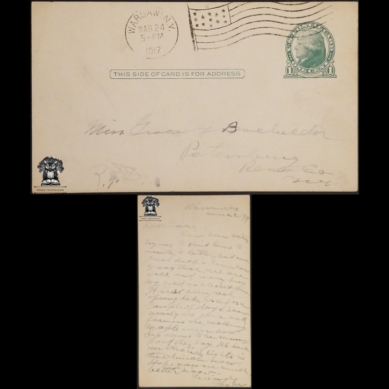 1917 Personal Postal Card - Petersburg NY - Rensselaer County - Warsaw NY - Wyoming County NY - One Cent Jefferson Green Scott UX27 - Machine Duplex American Flag Postal Cancel March 24 - RFD Rural Free Delivery - Postcard