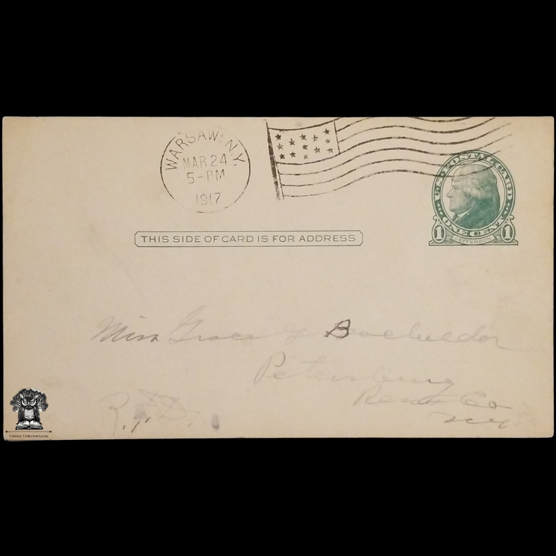 1917 Personal Postal Card - Petersburg NY - Rensselaer County - Warsaw NY - Wyoming County NY - One Cent Jefferson Green Scott UX27 - Machine Duplex American Flag Postal Cancel March 24 - RFD Rural Free Delivery - Postcard
