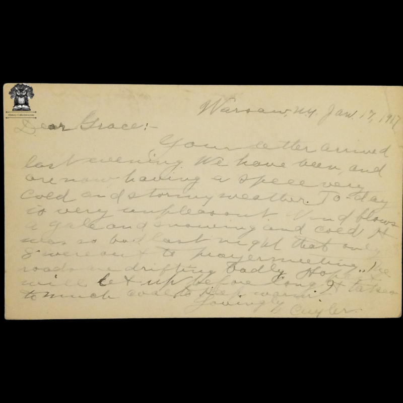 1917 Personal Postal Card - Petersburg NY - Rensselaer County - Warsaw NY - Wyoming County NY - One Cent Jefferson Green Scott UX27 - Machine Duplex American Flag Postal Cancel January 13 - RFD Rural Free Delivery - Postcard