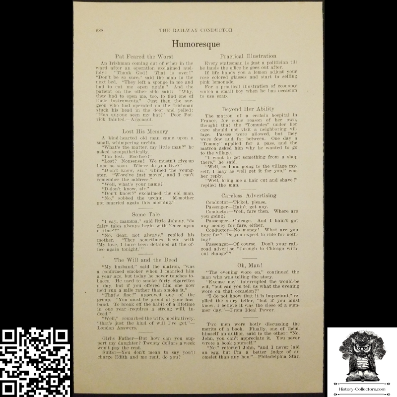 1917 The Railway Conductor Humoresque Page - Ready For Framing