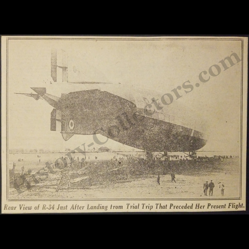 1919 British Rigid Airship R-34 Print Clipping - Transatlantic Aviation Flight - Progressive Era - Ready For Framing