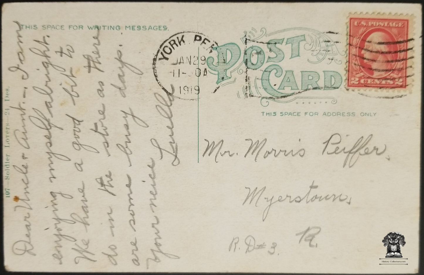 1919 US Army Military Postcard - Homefront Soldier Sweetheart Lovers - Postal Cancel York PA