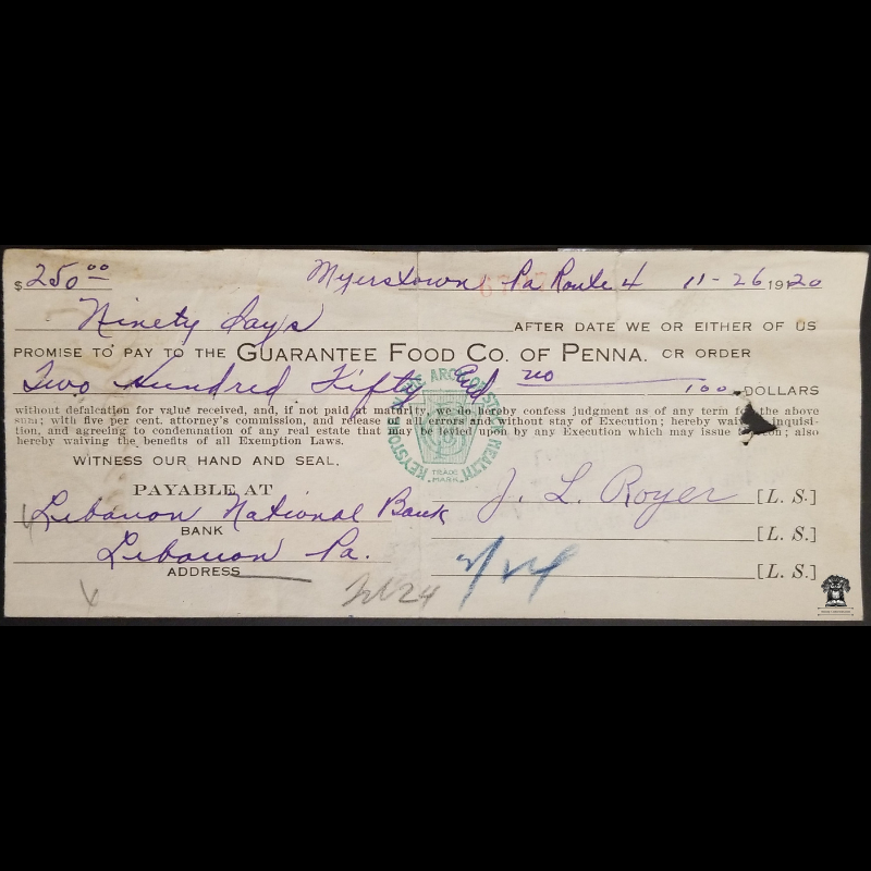 1920 Promissory Note Financial Document - Guarantee Food Co Of Pennsylvania - Lebanon National Bank - Myerstown - Route 4 - IRS Documentary Stamps - R232 - R228 - Bank Endorsement Stamps