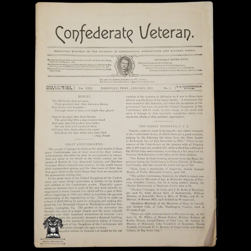 1922 Confederate Veteran Magazine - American Civil War - Confederate States Army - Nashville Tennessee - January Issue Volume XXX