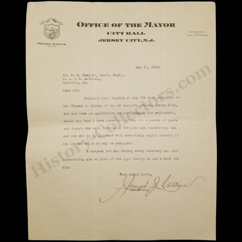 1923 Frank Hague Mayor Office Letterhead Employment Recommendation Endorsement Letter - Jersey City New Jersey - Delaware Lackawanna Western Railroad - H.H. Shepard General Superintendent - Thomas F. Mulvey - May 11