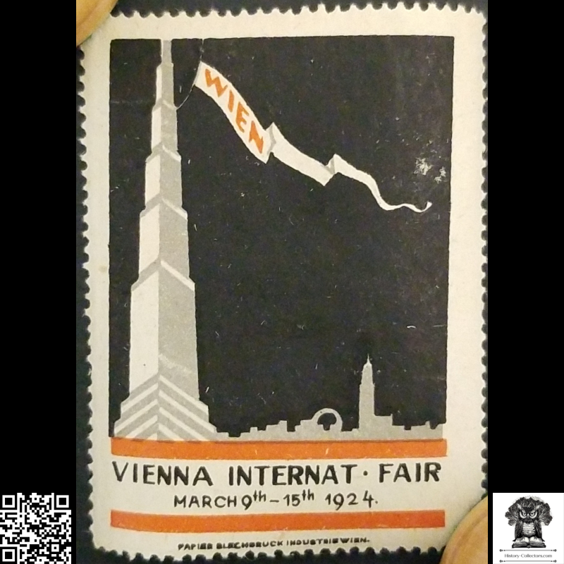 1924 Vienna Austria International Exhibition Fair Advertisement Cinderella Poster Stamp - Paper Metal Printing Industry - City Hall Tower - Art Deco