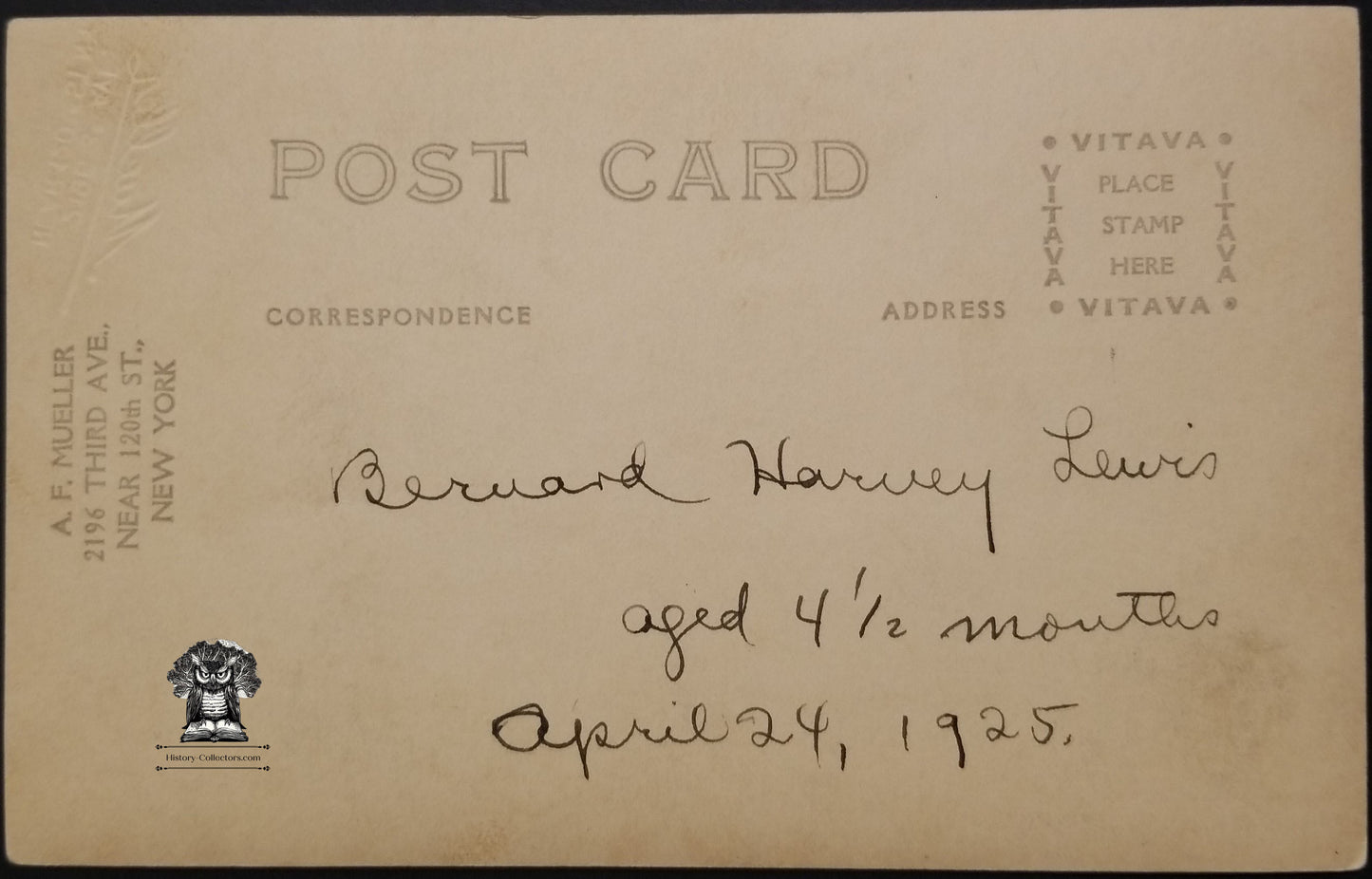 1925 RPPC Picture Postcard - Infant Baby Boy Bernard Harvey Lewis - AF Mueller New York - Vitava Stamp Box
