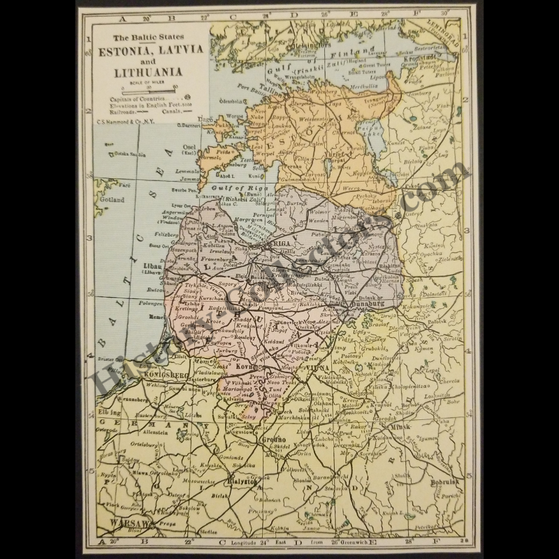 1929 Estonia Latvia Lithuania Geography Map - C.S. Hammond And Company New York - Interwar Post-WWI Period - Roaring Twenties Era - Ready For Framing