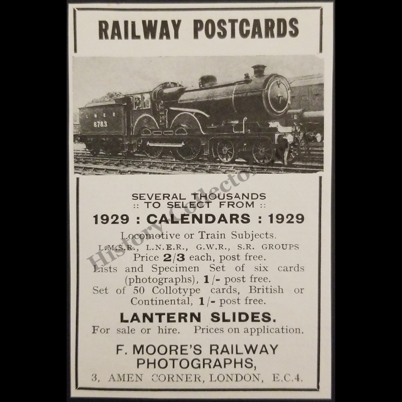 1929 F. Moore’s Railway Photographs Print Advertisement Clipping - 3 Amen Corner London England E.C.4 - Postcards - Calendars - Lantern Slides - Ready For Framing