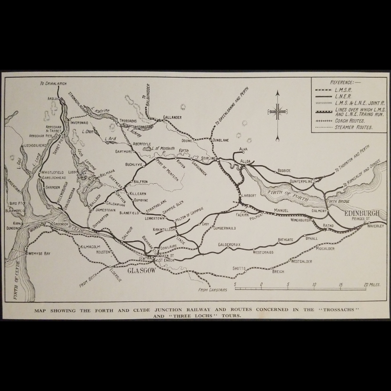 1929 Forth And Clyde Junction Railway Tourism Routes Scotland Sketch Map Print Clipping - London, Midland And Scottish Railway - London And North Eastern Railway - Ready For Framing
