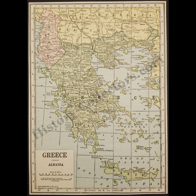 1929 Greece Albania Geography Map - C.S. Hammond And Company New York - Interwar Post-WWI Period - Roaring Twenties Era - Ready For Framing