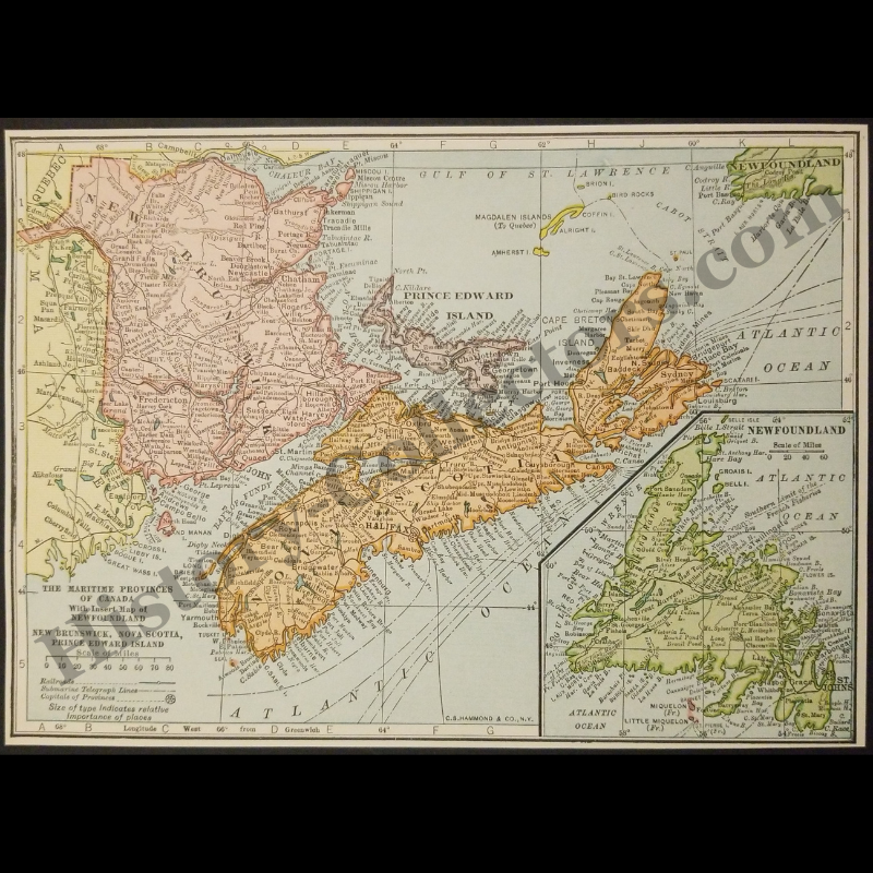 1929 Maritime Provinces Canada Geography Map - C.S. Hammond And Company New York - New Brunswick - Nova Scotia - Prince Edward Island - Shipping Lanes - Railroad Lines - Roaring Twenties Era - Ready For Framing