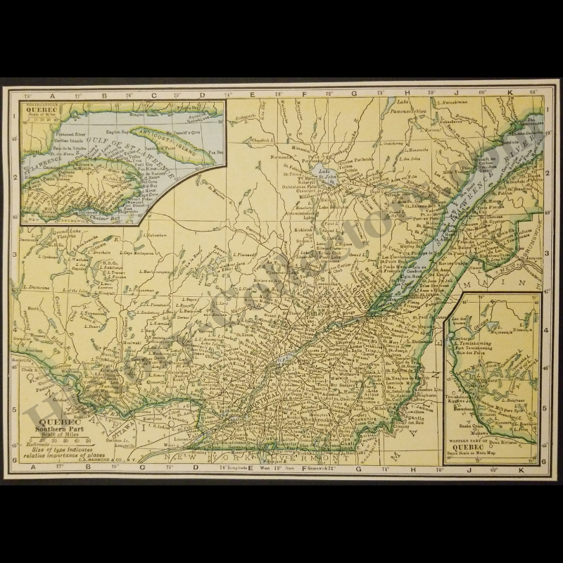 1929 Southern Quebec Canada Geography Map - C.S. Hammond And Company New York - St. Lawrence River - Railroad Lines - Roaring Twenties Era - Ready For Framing