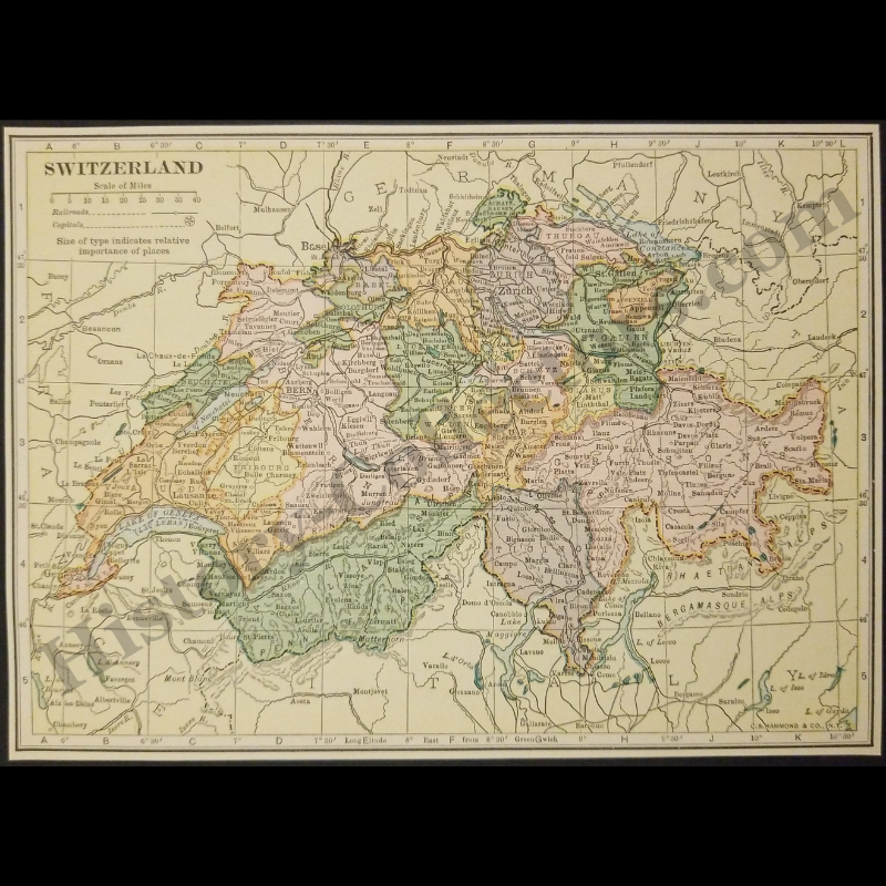 1929 Switzerland Geography Map - C.S. Hammond And Company New York - Interwar Post-WWI Period - Roaring Twenties Era - Ready For Framing